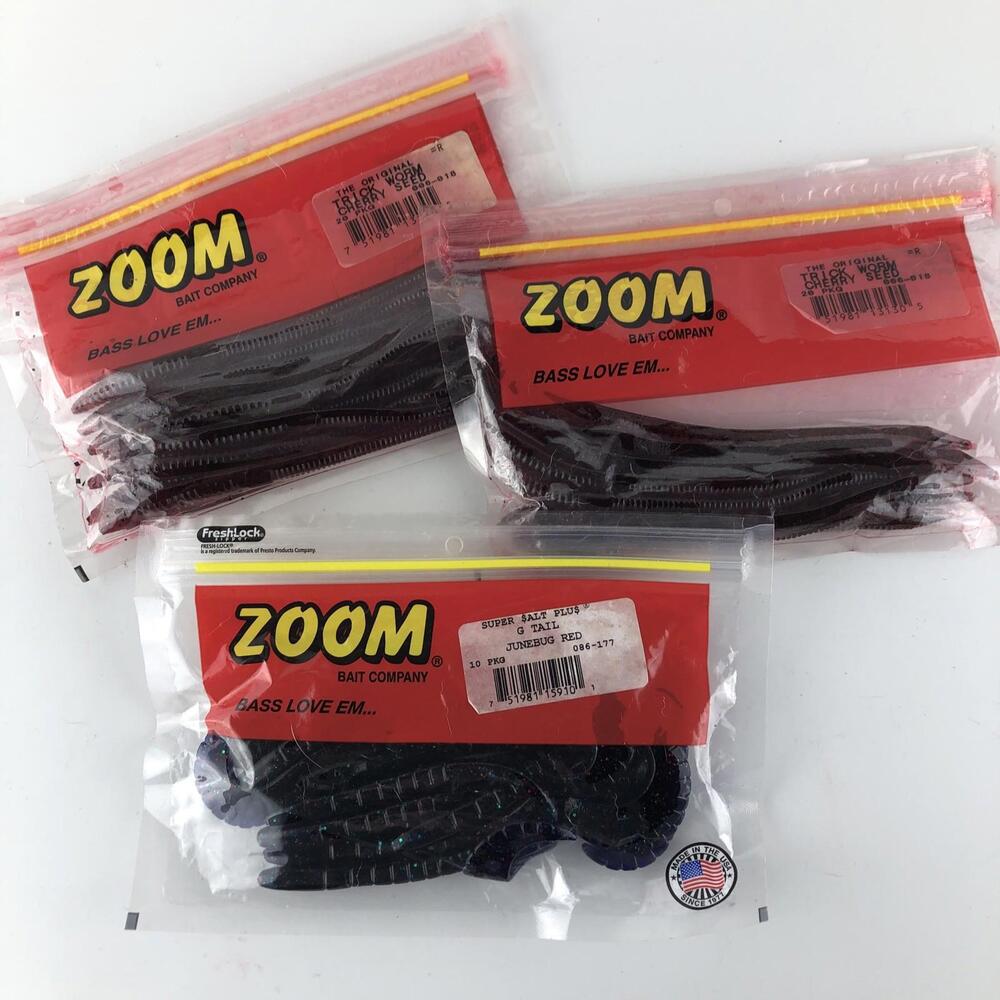Zoom Fishing Worms Lot Trick Cherry Seed And G Tail Junebug - lot of 3 open bags